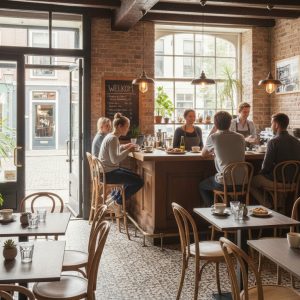 Super-Seat | Wat je gaat tegenkomen | Bakstenen muren, grote ramen & houten naturel Thon no 18 barkrukken. Veel licht & groene planten. | Horecameubilair