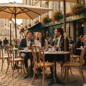 Super-Seat | Wat je gaat tegenkomen zijn stoelen, tafels, barkrukken, picnick tafels en andere soort tafels en stoelen. | Drie mensen op natuurlijke kunststof stapelstoelen aan ronde tafel buiten café; terras vol met meer kunststof zitplekken. | Horecameubilair