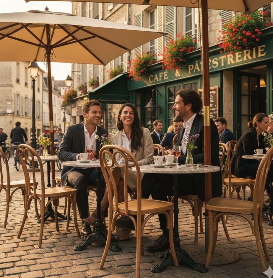 Super-Seat | Wat je gaat tegenkomen zijn stoelen, tafels, barkrukken, picnick tafels en andere soort tafels en stoelen. | Drie mensen op natuurlijke kunststof stapelstoelen aan ronde tafel buiten café; terras vol met meer kunststof zitplekken. | Horecameubilair