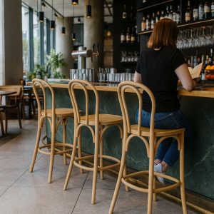 Super-Seat | Barkrukken Hout | Vrouw op naturel houten barkruk aan groene marmeren bar, lege houtkleurige krukken en glazen achter haar. | Horecameubilair
