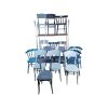 Super-Seat | Vijftien vintage blauwe houten caféstoelen uit de Thonet Mix Set | Blauw gelakte houten stoelen, deels gestapeld op metalen rek, vintage look. | Horecameubilair