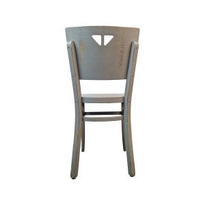 Super-Seat | Grijze vintage bistrostoel van hout; zichtbare schroeven, lichte slijtage en driehoekige ruguitsparing. | Horecameubilair