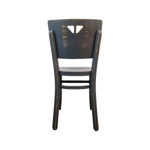 Super-Seat | The Dotty Deco houten bistrostoelen vintage zwart | Vintage houten stoel met zwarte distressed afwerking, driehoek uitsnede, rechte poten |. | Horecameubilair