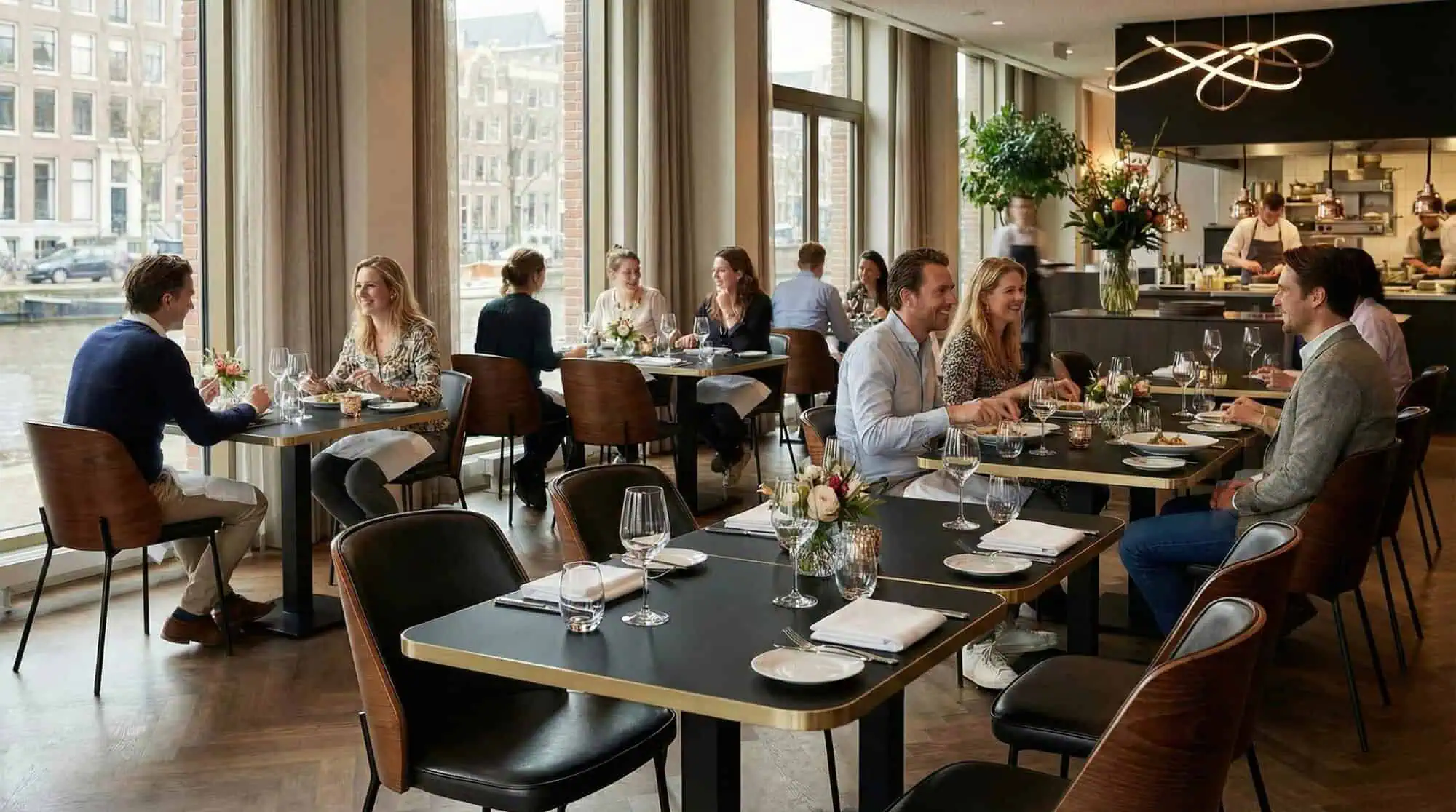 Super-Seat | New York Design Stoelen Hout Zwart Leer | Moderne zaak met houten vloeren, zwarte houten stoelen met leer en stijlvolle tafels. | Horecameubilair