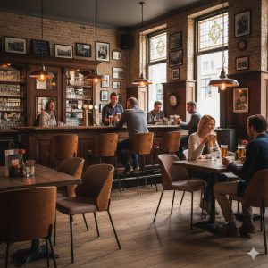 Super-Seat | New York design stoelen hout velours Mokka | Warme bar met houten vloer, mokka velours stoelen en tafels, gasten drinken en praten. | Horecameubilair