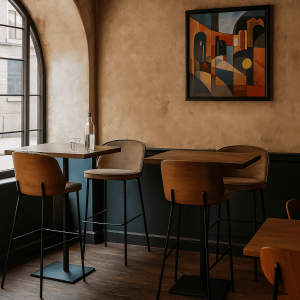 Super-Seat | Een klein caféhoekje met twee houten tafels, verschillende New Yorkse design barkrukken houtvelours Mokka en houten stoelen, een glazen fles en glas op één tafel, een groot boograam aan de linkerkant en een kleurrijk abstract schilderij aan de muur. | Houten tafels, mokka velours barkrukken met houten poten, houten stoelen; warme tinten en glasdecor. | Horecameubilair