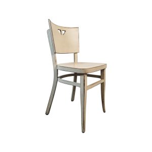 Super-Seat | The Dotty Deco vintage houten bistrostoelen wit vintage houten bistrostoel met lichte afwerking, driehoek uitsnede, rechte poten, licht verweerd. | Horecameubilair