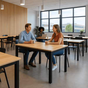 Super-Seat | Empire horeca tafels eiken melamine 120x80cm Eikenhouten tafel met zwart onderstel, stoelen in wit kunststof. Lichte, ruime kantine. | Horecameubilair