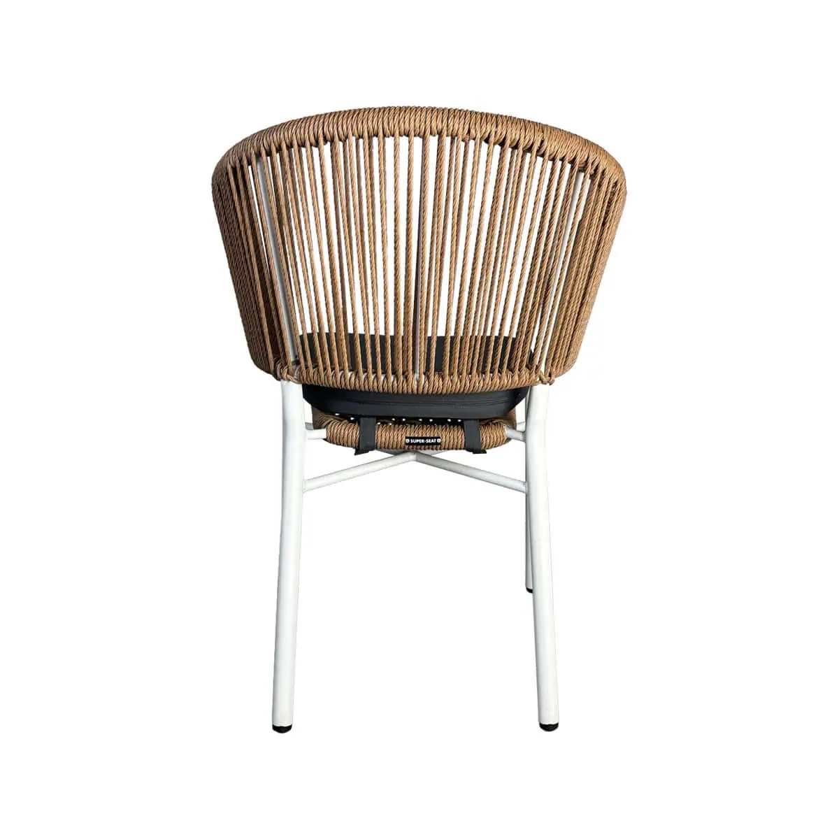 Super-Seat | The Must Scandinavische design stoelen hout / zwart | Stoel met ronde rug in licht touw, met metalen frame en donker zitvlak, achteraanzicht. | Horecameubilair