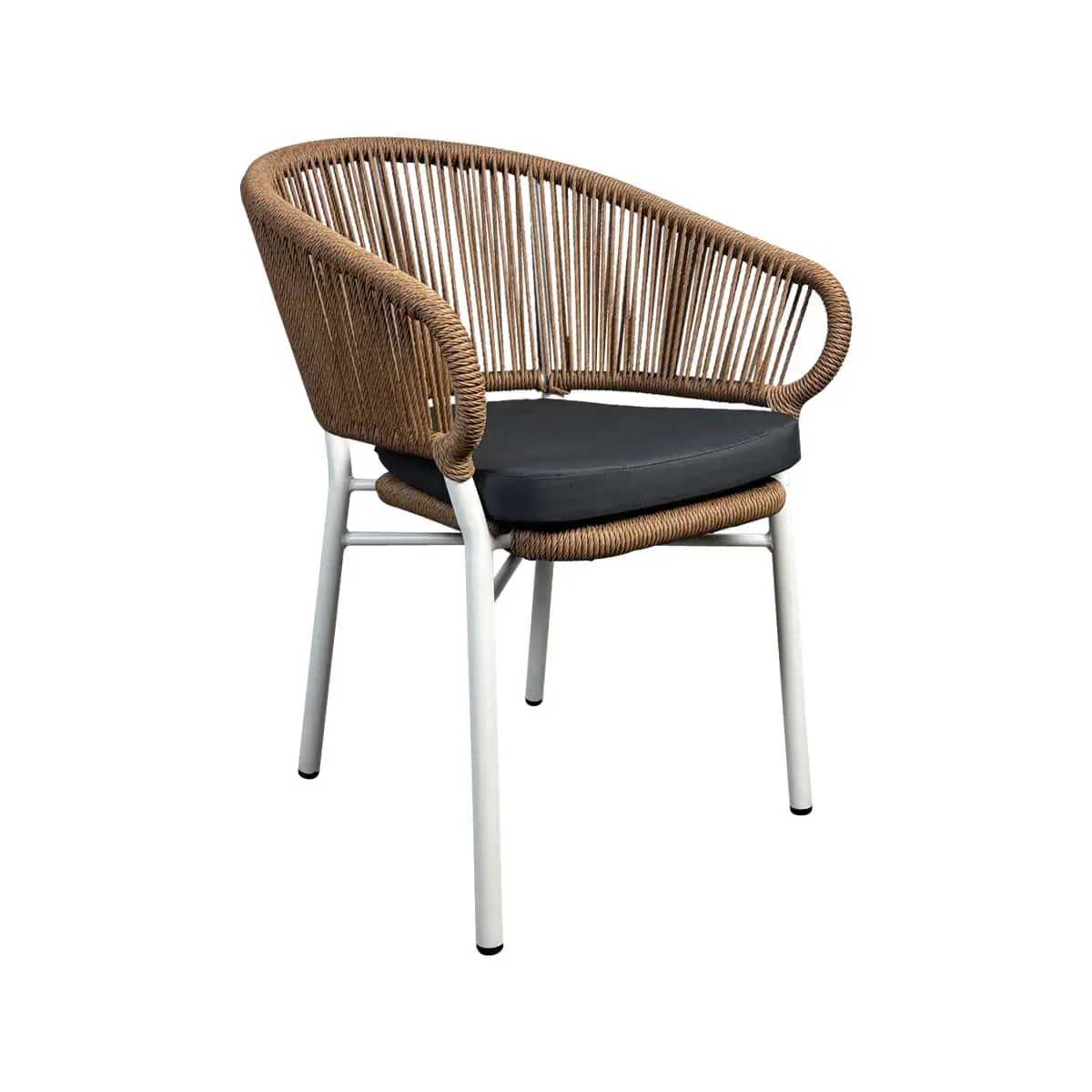 Super-Seat |Witte metalen frame, bruine rotan details, zwart kussen, strakke look. | Horecameubilair
