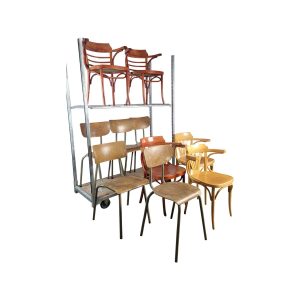 Super-Seat | The Mix Set Tubax & Thonet | 10 vintage houten caféstoelen op metalen rek; hout in warme bruintinten, metaal zilvergrijs, klassiek design. | Horecameubilair