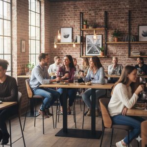 Super-Seat | Café Meubilair Overzicht | Velours stoelen en mokka hout-velours barkrukken aan tafels in een lichte, bakstenen caféruimte. | Horecameubilair