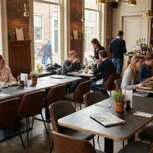 Super-Seat | New York design stoelen hout velours Mokka Moderne café met houten tafels, barkrukken en velours stoelen in warme mokkatinten. | Horecameubilair