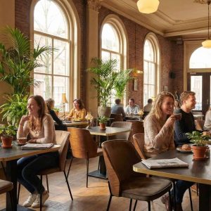 Super-Seat | New York design stoelen hout velours Mokka | Fluwelen stoelen in mokkabruin, houten tafels en krukken in lichte, open caféruimte met planten. | Horecameubilair