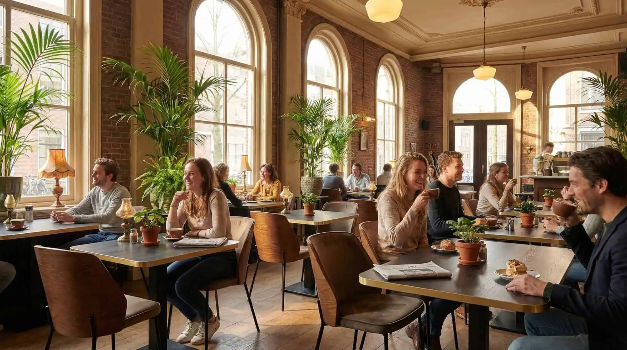 Super-Seat | New York design stoelen hout velours Mokka | Fluwelen stoelen in mokkabruin, houten tafels en krukken in lichte, open caféruimte met planten. | Horecameubilair