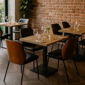 Super-Seat | Houten tafels, hout/zwart leren stoelen, bruine accenten, glaswerk & bakstenen muur. | Horecameubilair