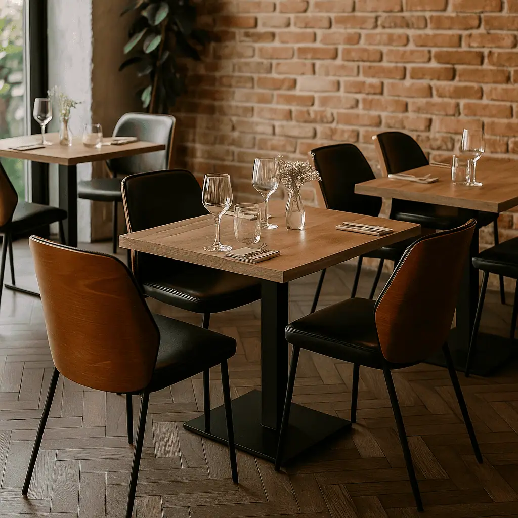 Super-Seat | Houten tafels, hout/zwart leren stoelen, bruine accenten, glaswerk & bakstenen muur. | Horecameubilair