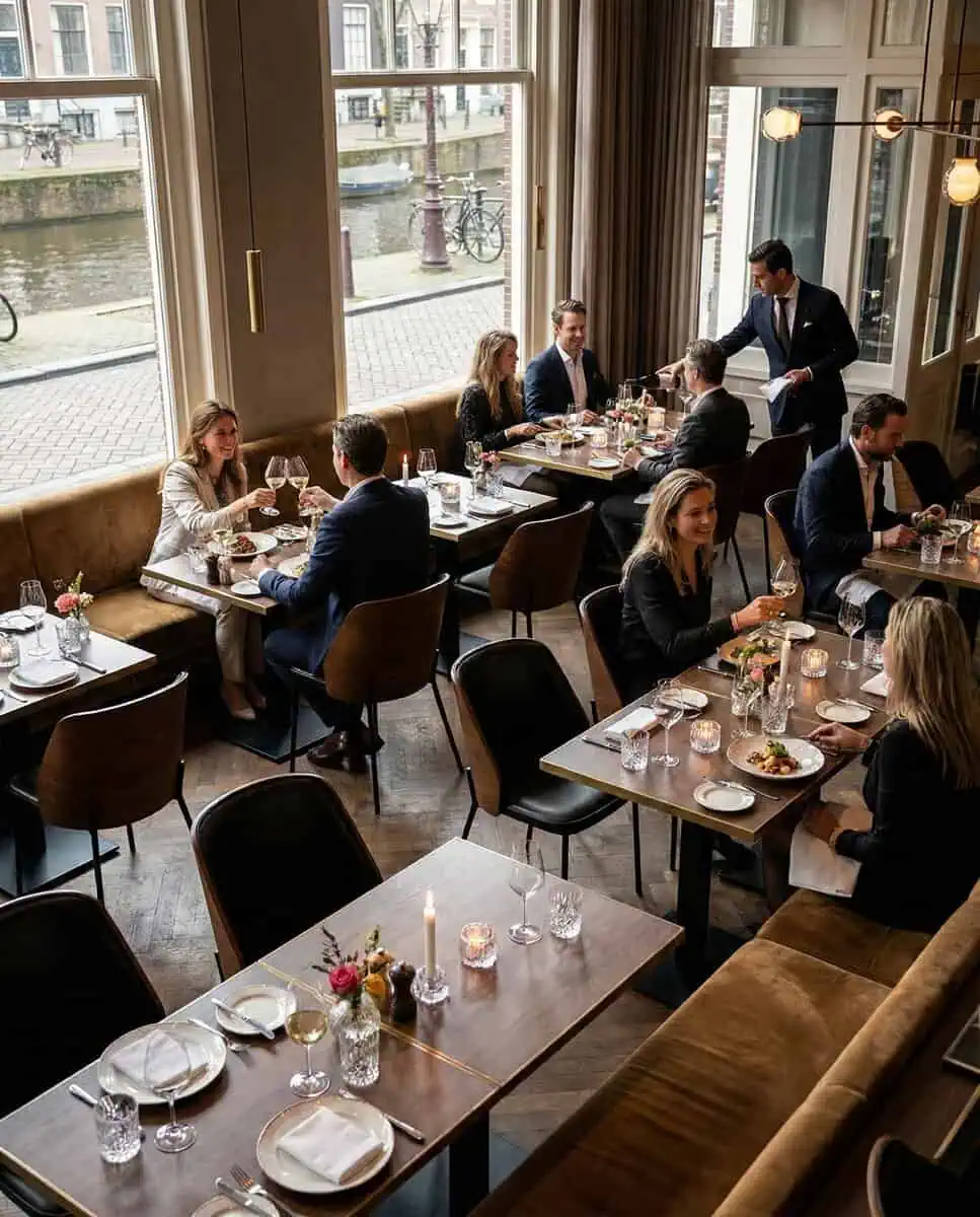 Super-Seat | Houten tafels en zwarte leren stoelen in modern restaurant met uitzicht op gracht en fietsen. | Horecameubilair
