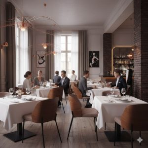 Super-Seat | New York design stoelen hout velours Mokka Houten stoelen met velours, witte tafels, veel licht en moderne bar op de achtergrond. | Horecameubilair