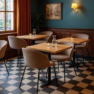 Super-Seat | Portland design fauteuils velours mokka in restaurant | Donkere mokka velours stoelen, houten tafels, glasdetails, zwart-wit tegelvloer. | Horecameubilair