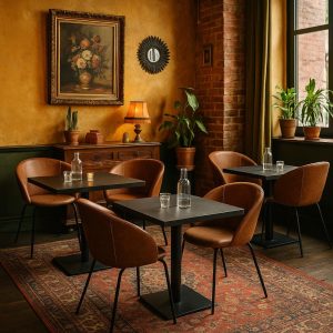 Super-Seat | Gezellig restaurantinterieur in Portland | Vier houten tafels, cognac leren fauteuils, patroonkleed, planten, mosterdgele muren. |. | Horecameubilair