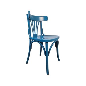 Super-Seat | De Sky Thonet vintage houten waaier stoelen blauw | Blauwe gebeitste houten stoel met gebogen rugleuning, verticale spijlen, ronde zitting. | Horecameubilair