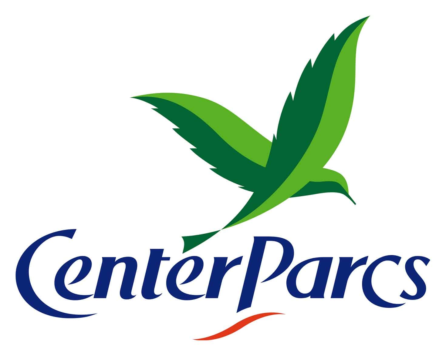 Super-Seat | Logo van Center Parcs met een gestileerde groene vogel... | Logo met groene vogel, blauwe tekst 