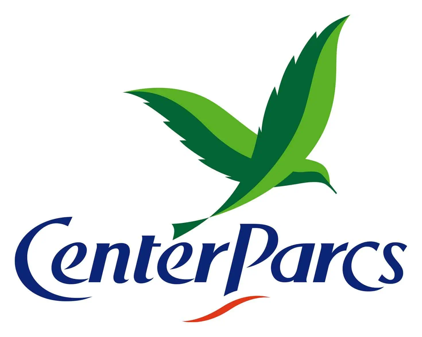 Super-Seat | Logo van Center Parcs met een gestileerde groene vogel... | Logo met groene vogel, blauwe tekst 