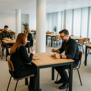 Super-Seat | Empire horeca tafels eiken melamine 80x80cm Licht eiken tafels, metalen onderstel, stoelen hout/metaal in moderne open ruimte. | Horecameubilair