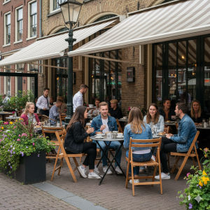 Super-Seat | Wat je gaat tegenkomen zijn stoelen, tafels, barkrukken, picknick tafels en andere soort tafels en stoelen. | Bruine houten klapstoelen en houten tafels buiten het café onder gestreepte zonneschermen; mensen eten en praten. | Horecameubilair