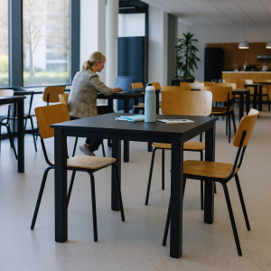 Super-Seat | Zwarte melamine tafels 80x80cm met metalen onderstel, solo persoon, laptop, waterfles, notitieboek. | Horecameubilair
