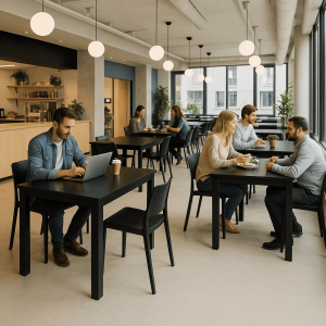 Super-Seat | Zwarte melamine tafels met metalen onderstel, lichte stoelen in modern café met grote ramen. | Horecameubilair
