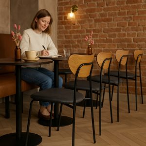 Super-Seat | Een vrouw zit alleen aan een ronde tafel in een café... | Zwarte en houten Scandinavische stoelen, ronde houten tafels, droogbloemen in vaasjes. | Horecameubilair