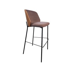 Super-Seat | Barkrukken met mokka velours zitting, houten rugaccent en slanke zwarte metalen poten met voetensteun. | Horecameubilair