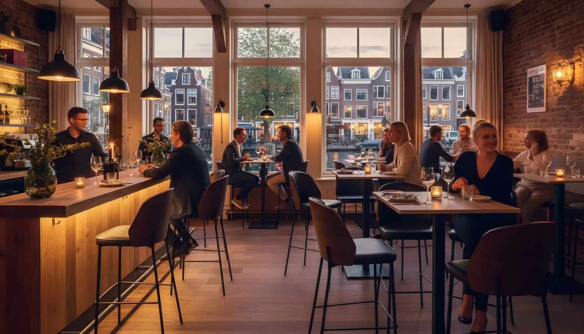 Super-Seat | New York design barkrukken hout zwart leer | Stoelen, tafels, barkrukken in zwart leer en hout bij grote ramen, warme verlichting, gezellig restaurant. | Horecameubilair