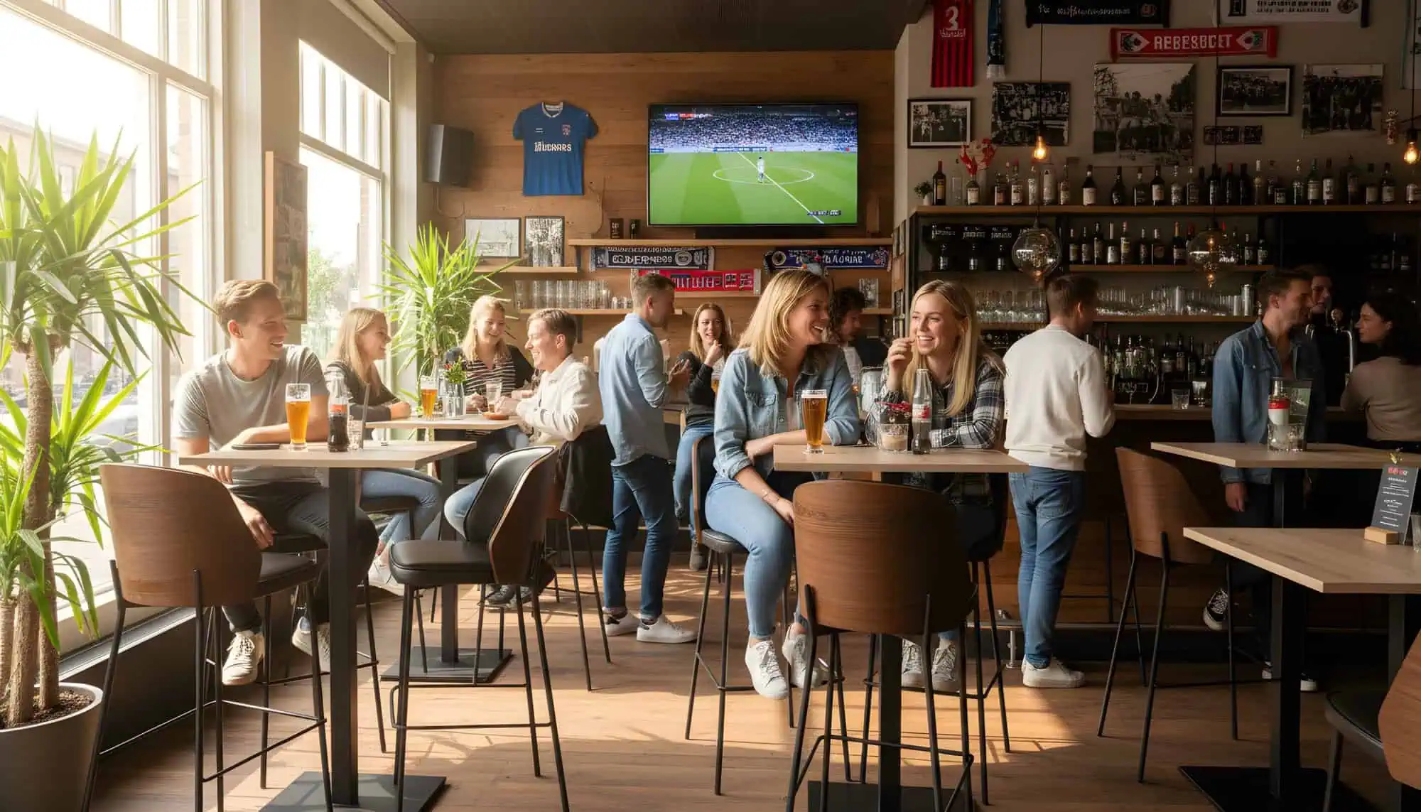 Super-Seat | Zwarte leren barkrukken met houten poten, tafels met drankjes, sportdecor en planten. | Horecameubilair