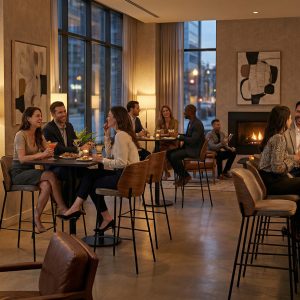 Super-Seat | New York design barkrukken hout velours Mokka | Houten stoelen, tafels en velours barkrukken in mokka, modern licht, warme sfeer. | Horecameubilair