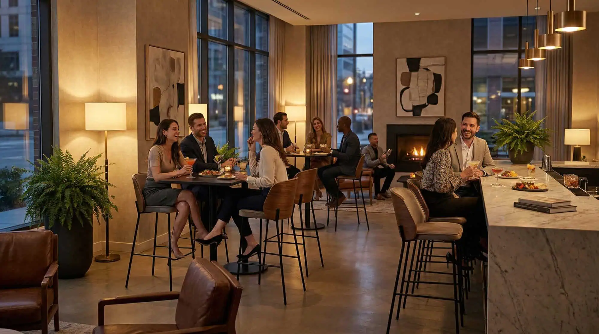 Super-Seat | New York design barkrukken hout velours Mokka | Houten stoelen, tafels en velours barkrukken in mokka, modern licht, warme sfeer. | Horecameubilair