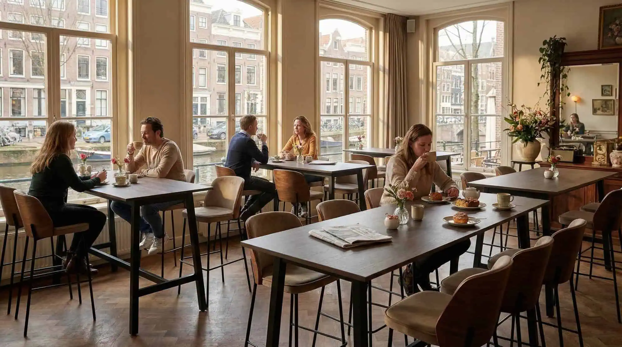 Super-Seat | New York design barkrukken hout velours Mokka Houten tafels met koffie en gebak, mokkakleurige barkrukken van velours bij raam. | Horecameubilair