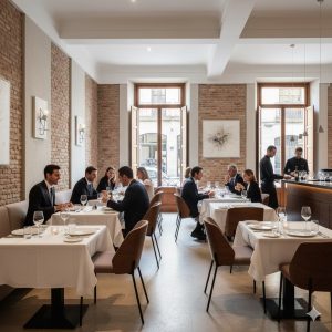 Super-Seat | Restaurant Interieur Stoelen van hout en velours Mokka, tafels en barkrukken; bakstenen muren, warme houten accenten. | Horecameubilair