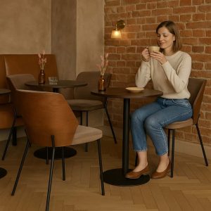 Super-Seat | New York design stoelen hout velours Mokka | Vrouwen zit op houten mokka velours stoel aan ronde tafel, onderkant muur, droogbloemen in vaas. | Horecameubilair