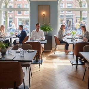 Super-Seat | New York design stoelen hout velours Mokka | Lichtblauwe muren, houten vloeren, velours mokka stoelen, houten tafels in modern restaurant. | Horecameubilair