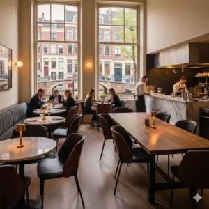 Super-Seat | New York design stoelen | Zwarte leren stoelen met houten poten, marmeren bar, grote ramen, houtaccenten, uitzicht op kanaal. | Horecameubilair