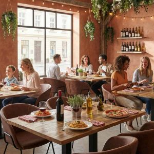 Super-Seat | Pizza Restaurant | Cognac leren Portland armstoelen, houten tafels, warme sfeer met lampjes, planten en flessen wijn. | Horecameubilair