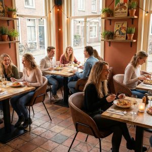 Super-Seat |Cognackleurige leren stoelen, houten tafels, barkrukken en grote ramen met planten. | Horecameubilair