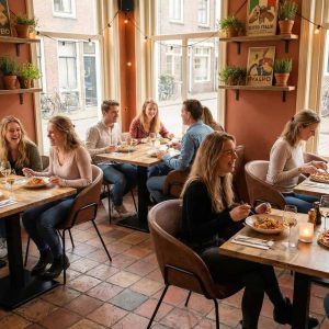 Super-Seat |Cognackleurige leren stoelen, houten tafels, barkrukken en grote ramen met planten. | Horecameubilair