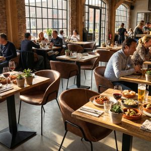 Super-Seat |Cognac leren stoelen, houten tafels, industrieel interieur met veel licht, planten op tafel. | Horecameubilair