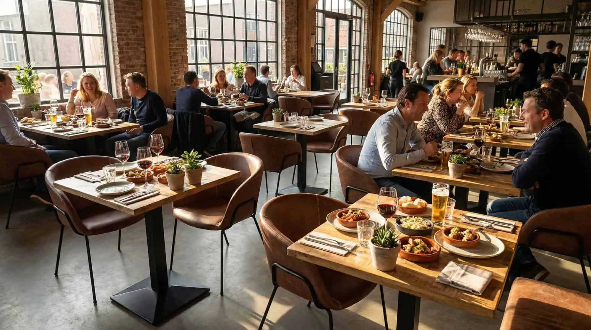 Super-Seat |Cognac leren stoelen, houten tafels, industrieel interieur met veel licht, planten op tafel. | Horecameubilair