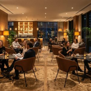 Super-Seat | Moderne Lounge in Portland | Velours mokka stoelen, houten tafels, barkrukken en warme verlichting bij de bar en grote ramen. | Horecameubilair