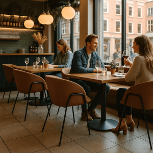 Super-Seat | Portland design armstoelen velours mokka Fluwelen mokka stoelen en houten tafel in modern restaurant met grote ramen, veel licht. | Horecameubilair